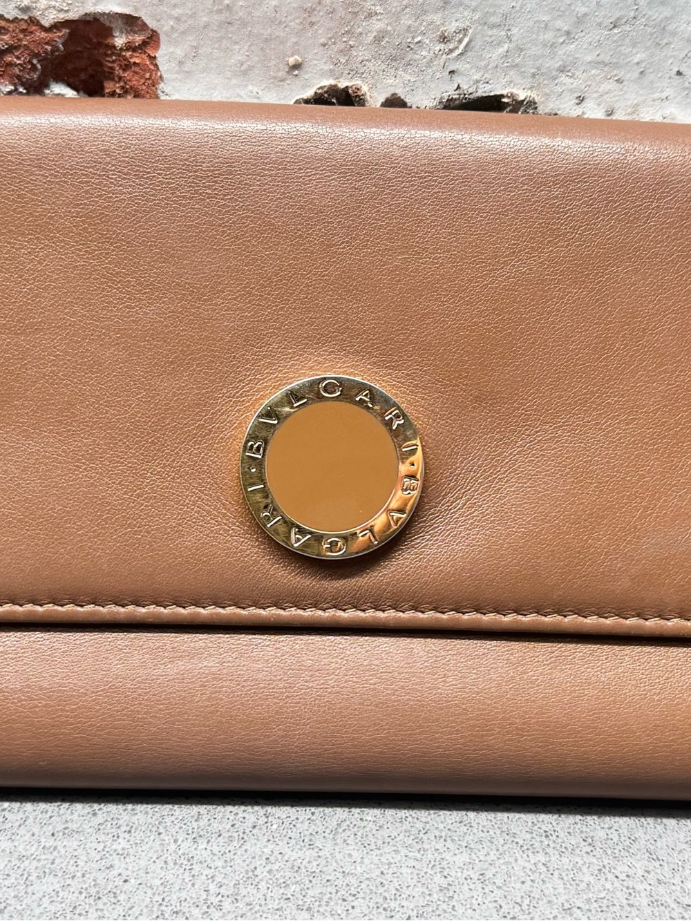 Bulgari Smooth Tan Leather Wallet with Gold Medallion